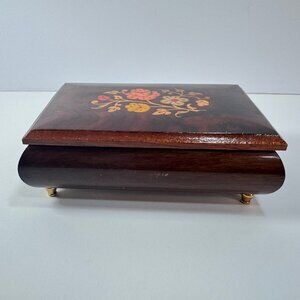 Vtg Wood Inlay Rectangle Music Trinket Box As Is